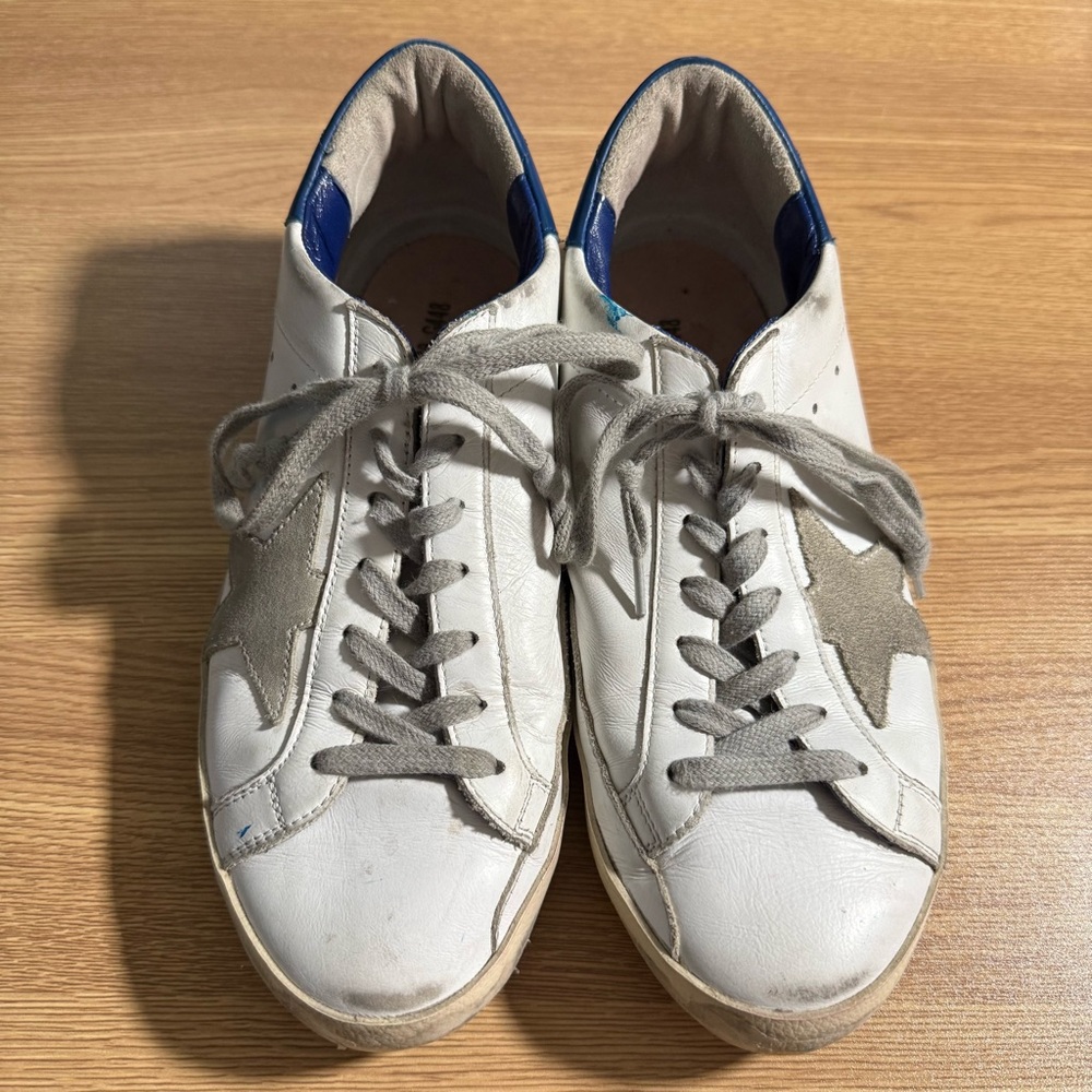 Golden Goose Superstar White and Blue Distressed Low Top Sneakers Size 40